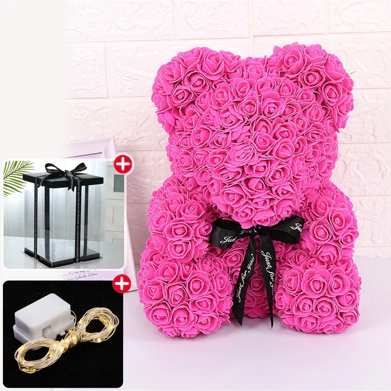 LED Red Rose Teddy Bear: 23cm Artificial Flower - Deep Pink-Led-Box