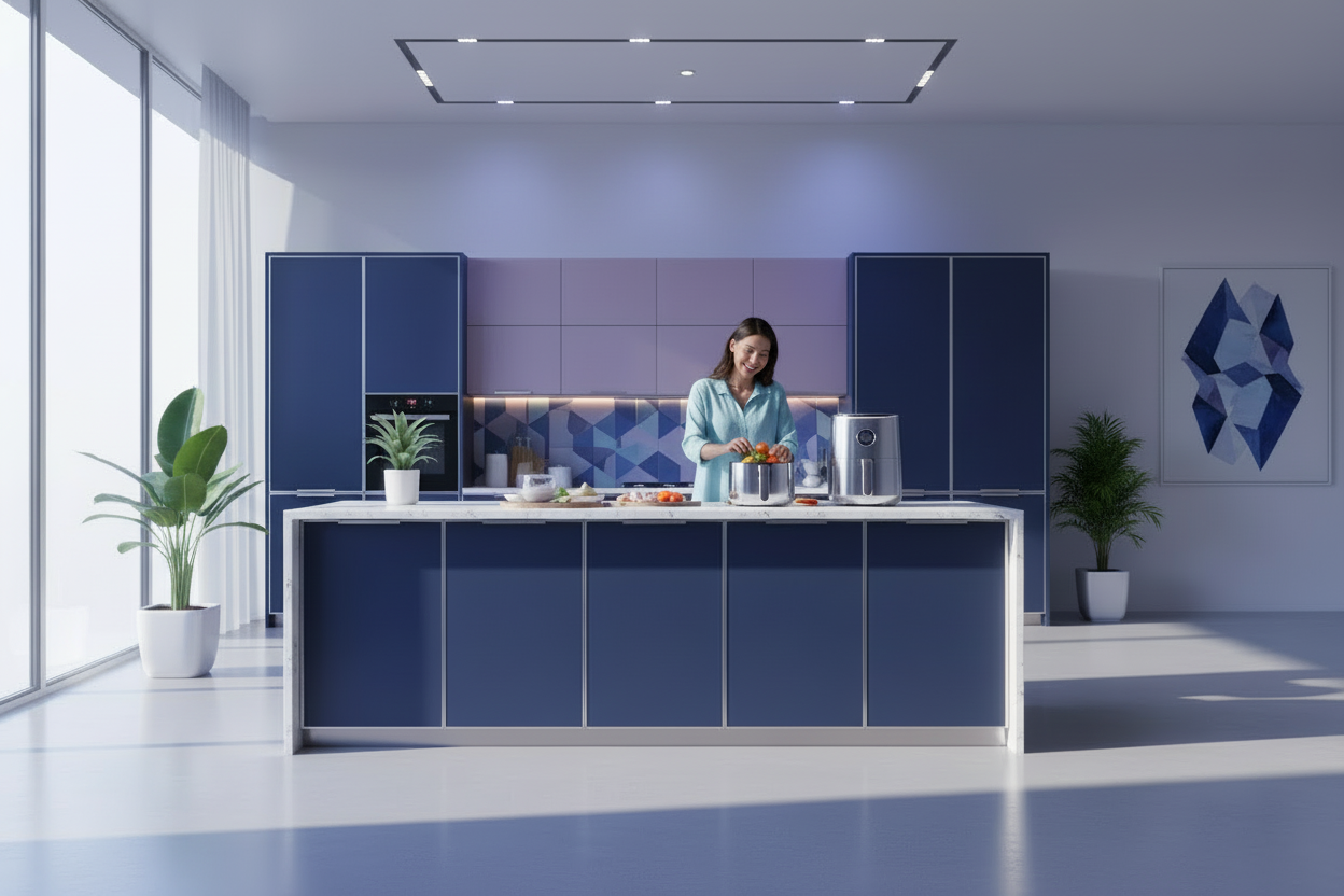 Mutter mit Airfryer in moderner Küche